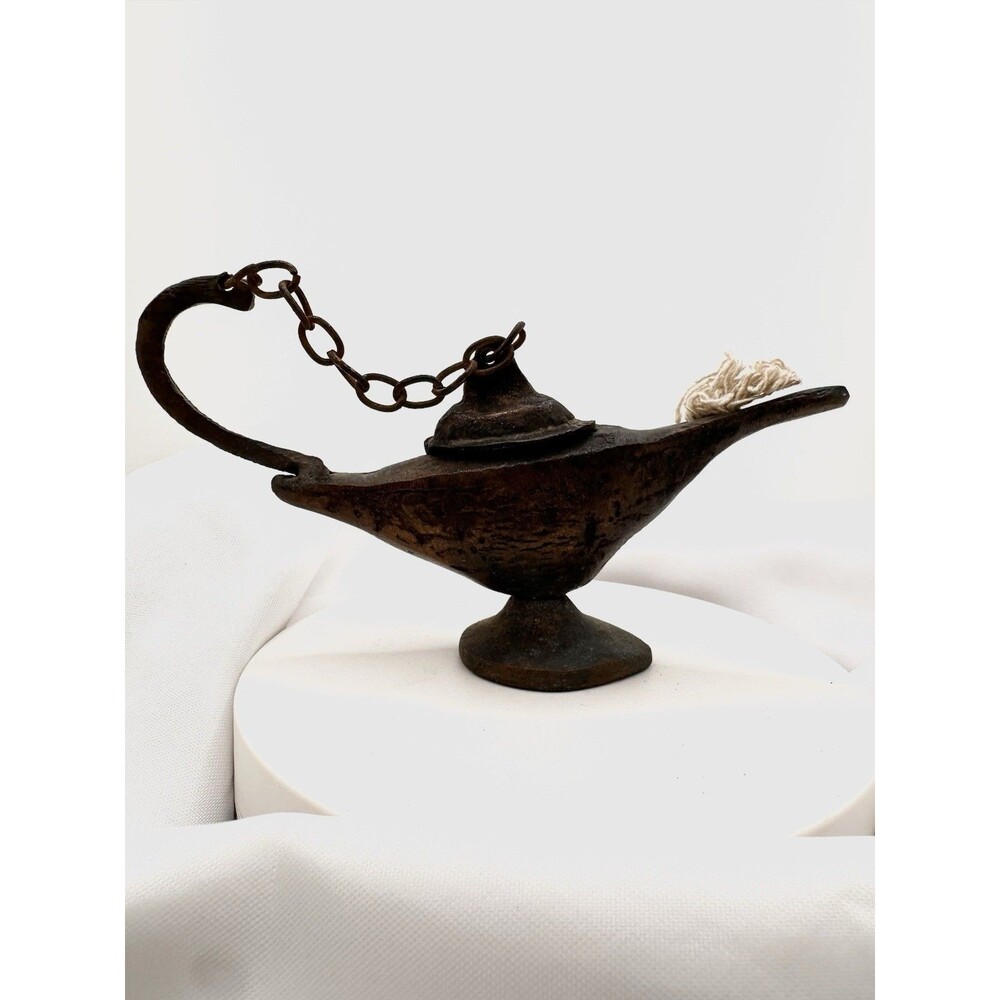Antique Bronze Genie Oil Lamp Sand Cast Egyptian Patina Decor Collectible Gift